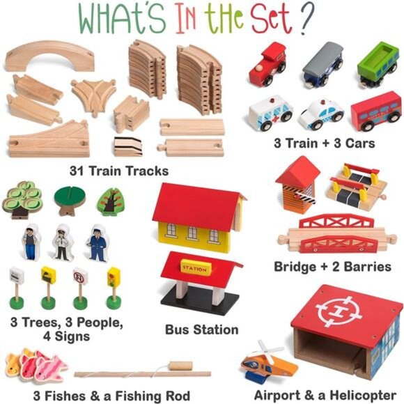 Wooden Train Set - 69 Pieces Wooden Train Tracks & Trains for Kids, Toddler - Picture 2 of 7